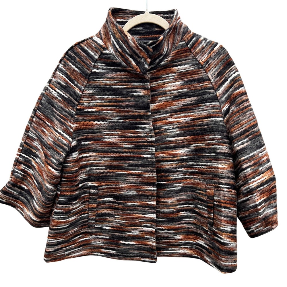 Luisa Perla Jacket Medium Brown Wool Blend Made in Italy Striped Funnel Neck 3/4